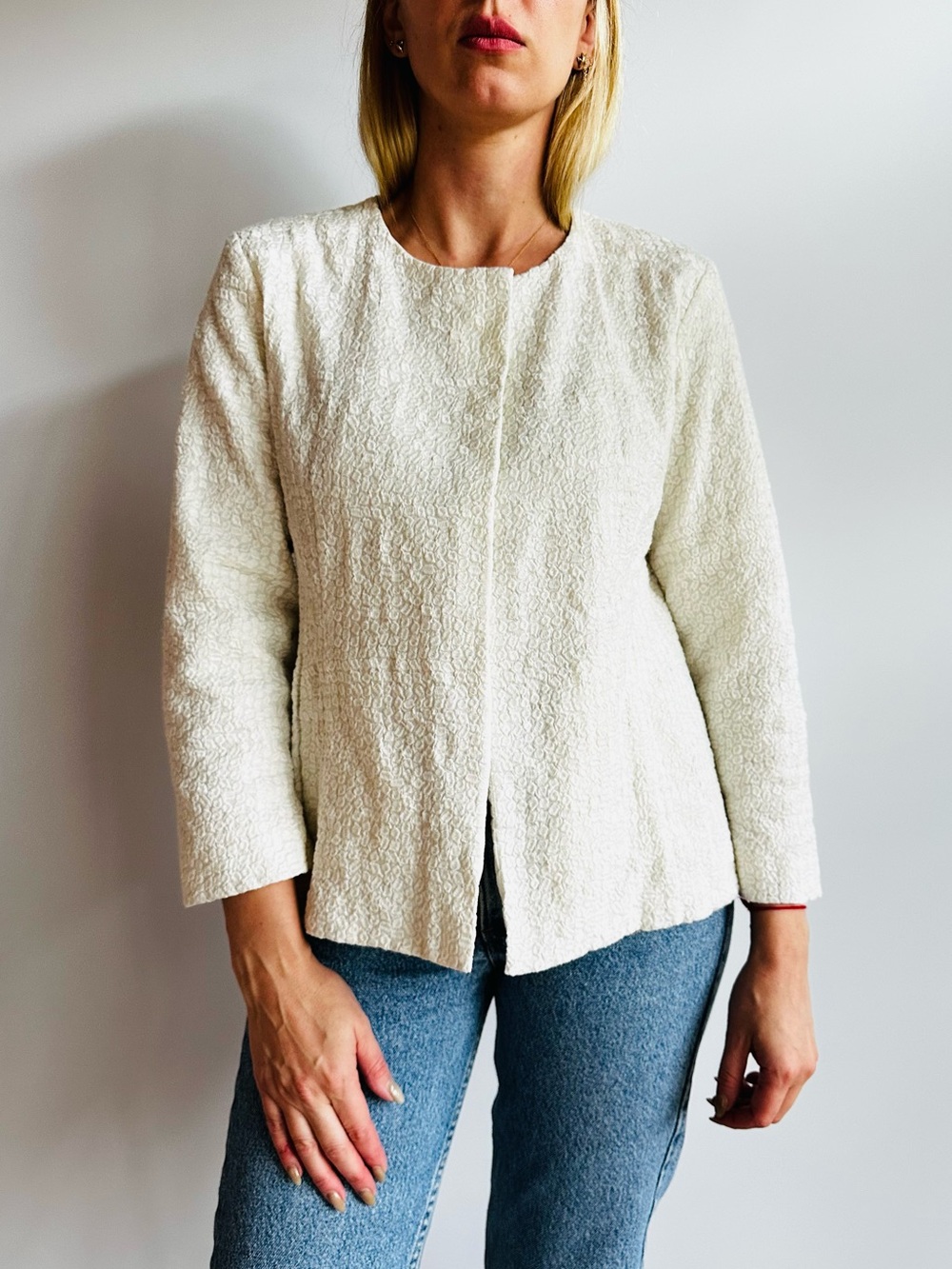 Eileen Fisher Ivory Textured Cotton Jacket Open Front Minimalist Quiet Luxury